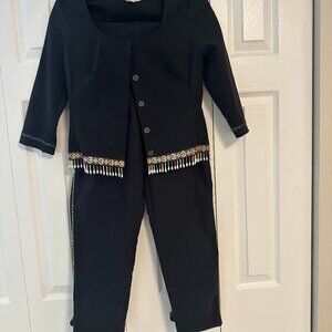 Caren Desiree Company Black Two-Piece Pant Set with Embroidered Beaded Fringe